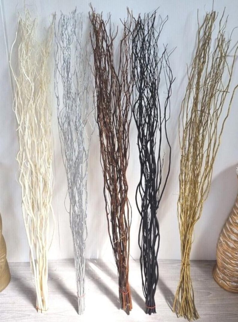 Natural Contorted Willow Twigs Bunch, Curly Twisted Dried Vase Filler Corkscrew Branches 115cm Tall-Cream -Brown- Black- Silver- Gold image 1