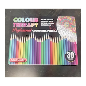May include: A 30-pack of professional-quality colored pencils for color therapy. The box features a rainbow of pencils, with text that reads "Colour Therapy" and "Artist Quality."