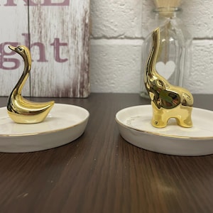 Elegant Swan Or Elephant Ceramic Gold Jewellery Tray Ring Holder, Animal Trinket Dish or Coin Tray. Gift for Valentines, Mothers Day etc