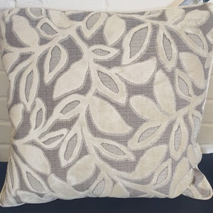 Luxury Velvet and Chenille Devore Leaf Burn Out Design In Cream and Grey Extra Large Piped Edge Cushion 22&quot; 56cm Square
