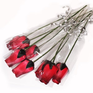 Valentines Single Red Rose Wooden Red or Any colour- Pink, Black, Yellow and more- Single Stem Closed Bud Wooden Rose in Cellophane Gift