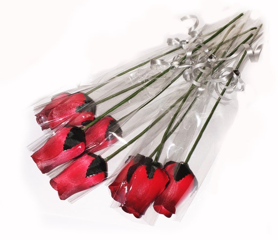 Valentines Single Red Rose Wooden Red or Any colour- Pink, Black, Yellow and more- Single Stem Closed Bud Wooden Rose in Cellophane Gift