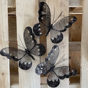 3 x zwarte nylon glitter diamante vlinders decoratie met metalen clip aan de achterkant. Vlinder van 16 cm voor knutselen, bruiloften, huisdecoratie, enz.