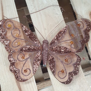 Large Coffee Brown Bronze Nylon Glitter Diamante Butterfly Decoration With Metal Clip On Reverse 26cm  For Craft, Weddings Home Décor etc
