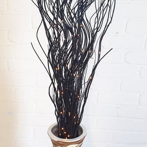 May include: A tall, gold vase with a textured surface holds a bouquet of black curly willow branches with small, warm white lights.