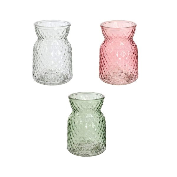 Petit vase à taille en treillis Vase à fleurs en verre texturé vert, rose ou transparent. Vase en forme de losange de 13 x 9 cm pour boutons, tiges et fleurs sauvages
