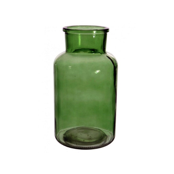 Large Funnel Neck Medicine Bottle Style Glass Vase in Dark Green Fresh or Artificial Flowers Measures 26cm x 14cm with 9cm Opening *flawed*