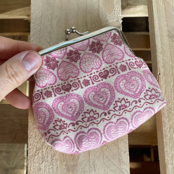 Pink Clasp Purse Soft Coin Purse Pink Heart Floral Print Red Lining Silver Hinged Closure. Cute Mini Wallet, Kids Gift or Night Out Purse