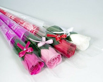 Valentine Single Stem Rose Fragranced Soap Rose Gift Pack with Ribbon & Diamante. Choose Red, Cream, Cerise, or Pink Rose.