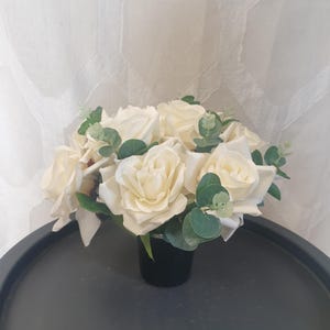 Handmade Artificial Graveside Flower Pot Cemetery or Crem Memorial Pot Faux Floral Arrangement-  Elegant White Roses and Eucalyptus