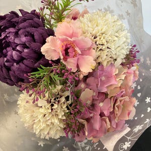 Artificial Flower Bouquet Hydrangea, Frilly Poppy, and Pompom; Grape Purple and Pink Everlasting Flowers in Cellophane Gift Wrap with Ribbon