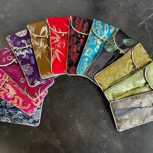 Embroidered Faux Silk Brocade Glasses Case in 12 Colours. Soft Case for Sunglasses or Glasses, Handy 16cm x 9cm with Neck Lanyard and Bell