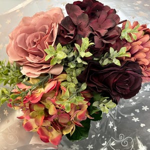Artificial Flower Bouquet Rose, Hydrangea, and Pompom Grape Purple & Blush Pink Everlasting Flowers in Cellophane Gift Wrap with Ribbon Tie