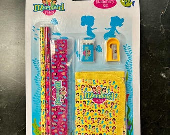 Mermaid Yellow and Pink Wallet and Stationery Set - Wallet, Ruler, Sharpener, Pencils, and Eraser. Back to School, Home, Office, University