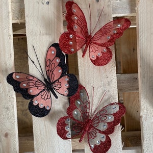 3 x Valentines Red Coloured Nylon Glitter Diamante Butterflies Decoration With Metal Clip On Reverse. Mixed Red & Black 16cm Craft Butterfly