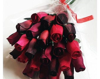 Valentines Hand Tied Wooden Rose Bouquet  2 Dozen Red Dark Red and Burgundy Wooden Bud Roses in Cellophane Everlasting Flower Bouquet
