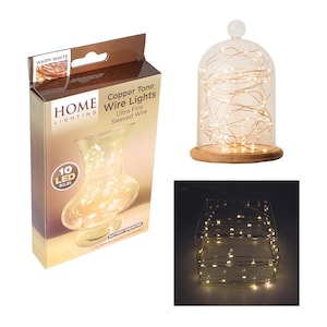 Mini luci LED color rame. Luce calda a batteria da 10 lampadine su filo tono di rame da 50 cm per aggiungere calore ai display industriali / ruvidi di lusso