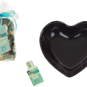 Washed Ashore Blue Potpourri with Sea Shells in a Heart Shaped Display Bowl including Refresher Oil Gift Set Choose Black or Cream Bowl