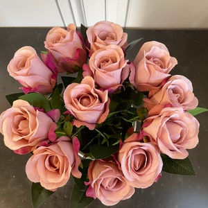 One Dozen Silk Rose Bouquet: 12 Artificial Celia Roses Red, Ivory, or Dusky Pink Everlasting Flowers in Cellophane Gift Wrap Valentines Gift