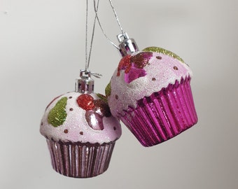 Cute Cupcake Design Christmas Tree Ornament Baubles Shiny Bright Colours and Pastel Glitter Frosting Vintage Style Fun Sweetie Theme -2 Pack