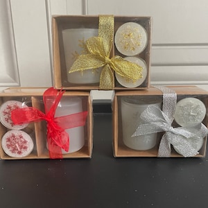 Christmas Gift Set of Sparkly Votive Tea Light Holder and 2 Glittery Tealights in Gold, Red, or Silver Create Your Own Christmas Centrepiece