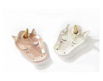 Unicorn Jewellery Dish White or Pink Ceramic Glazed Tray for Trinkets Etc. Gold Horn Ring Holder. Gift for Her, Valentines, Mothers Day etc