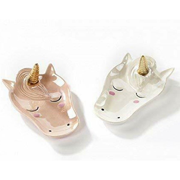 Unicorn Jewellery Dish White or Pink Ceramic Glazed Tray for Trinkets Etc. Gold Horn Ring Holder. Gift for Her, Valentines, Mothers Day etc