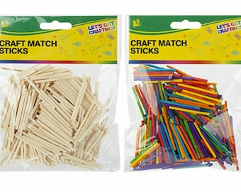 400 x Wooden Matchsticks in Plain Natural or Rainbow for Craft, Art, Modelling, and More. Mini Wood Match Sticks to Build Models or Collages