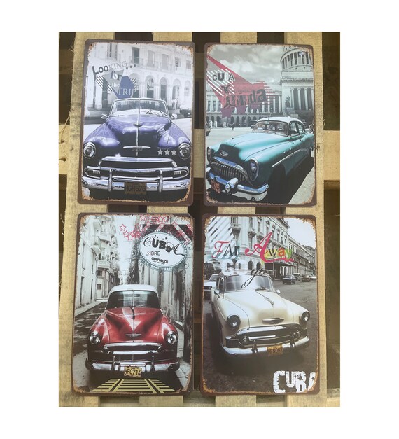 Vintage Metal Hanging Signs With Classic Car Prints and a Etsy