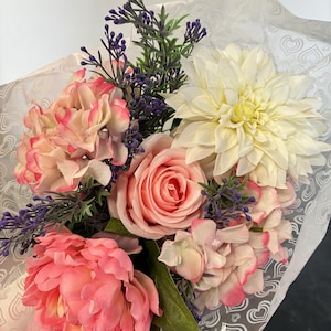 Artificial Flower Bouquet Rose, Hydrangea, Peony, & Dahlia Blush Pale Pink Everlasting Flowers in Cellophane Gift Wrap with Ribbon Tie