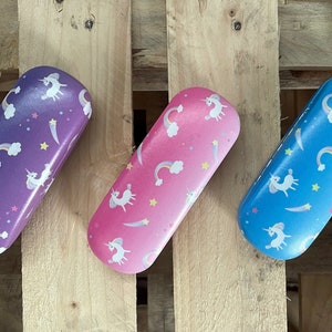 Bright Unicorn Print Glasses Case in Pink, Blue, or Purple. Hard Case for Glasses, Sunglasses, Kids Glasses. 16cm x 6cm x 3cm Snap Close