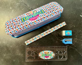Mermaid Pencil Tin and Stationery Set- Pencil Tin, Sharpener, Pencils, and Eraser. Back to School, Home, Office, University, Work, Kids Gift