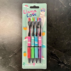 Llama Theme 4 Pack Black Ink Ballpoint Push Top Pens in Bright Colours. Rollerball Pens for Back to School, Home, Office, University, Work