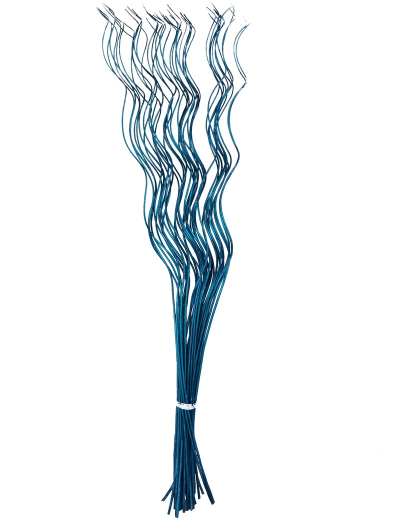 May include: A bunch of teal blue artificial willow branches, with the stems bundled together at the bottom.