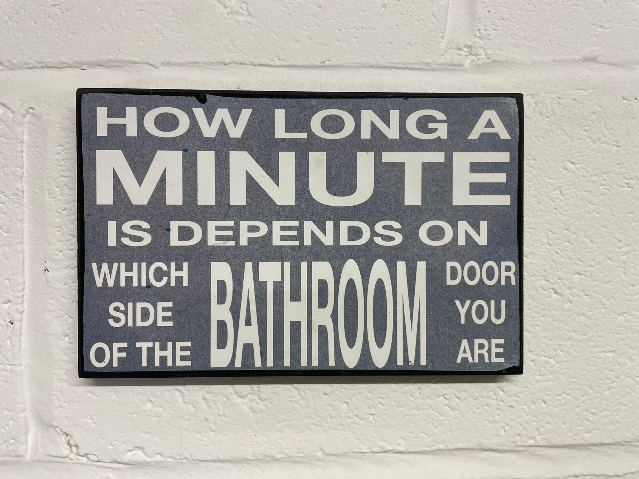 Hanging Novelty Sign "How Long a Minute is Depends Which Side of the Bathroom Door You Are" 25x16cm. Rustic Style Wooden Funny Sign