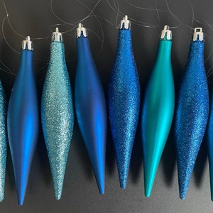 Blue Teal Icicle Drop Bauble Pendants Glitter Matt Finish 4 or 8 Pack. 16cm Teardrop Christmas Baubles for Creating Wreaths or Xmas Displays