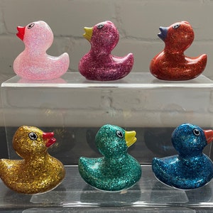Peut inclure: Six canards en plastique paillet&eacute;s de diff&eacute;rentes couleurs : rose, magenta, rouge, or, vert d'eau et bleu. Chaque canard a un bec et des d&eacute;tails des yeux contrast&eacute;s. Les canards sont expos&eacute;s sur une &eacute;tag&egrave;re transparente &agrave; plusieurs niveaux.