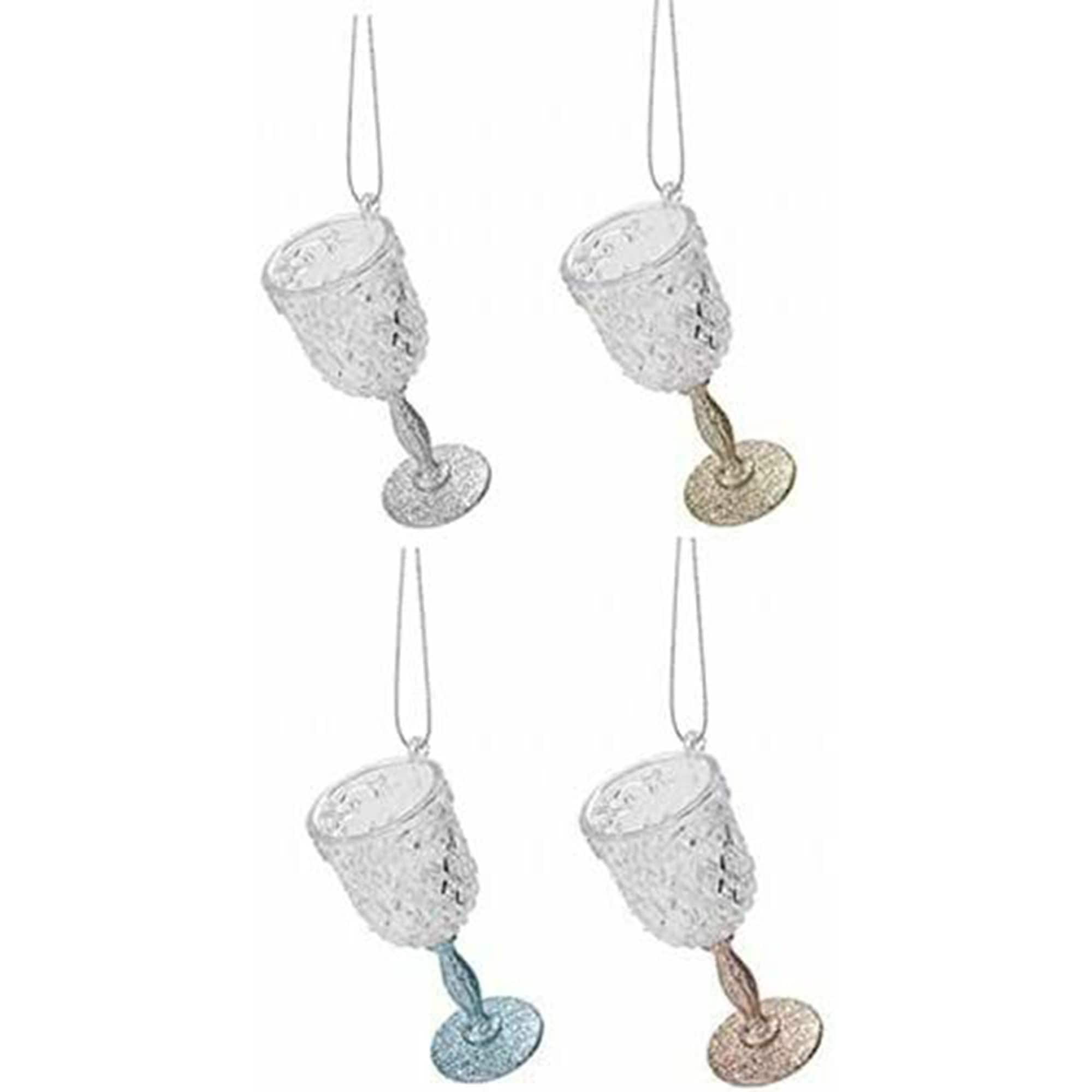 Glittery Wine Glass Decoration Hanging Clear Christmas Tree Decor With Glitter Detail in 4 Colours: Blue, Silver, Rose Gold, Champagne Gold