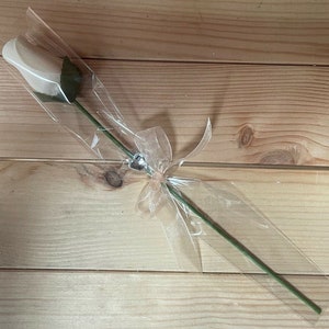 May include: A single white rose wrapped in clear plastic with a beige ribbon and a silver heart charm.