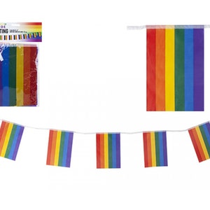 May include: Rainbow Pride Bunting with a string of flags in the colors of the rainbow. The flags are attached to a white string. The bunting is packaged in a clear plastic bag with a label that says "Rainbow Pride Bunting".