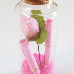 May include: A glass jar with a cork lid filled with pink sand, a pink rose, and three pink rolled up notes tied with gold wire.