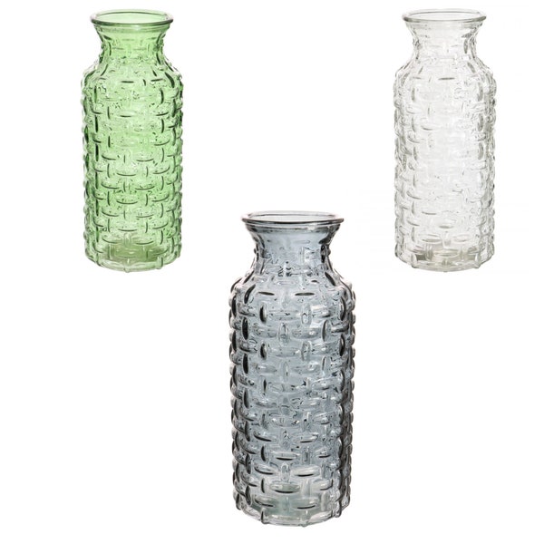 Textured Glass Bottle vase in green Charcoal or Clear, 25cm Tall Woven Glass Vase for Fresh or Artificial Flowers