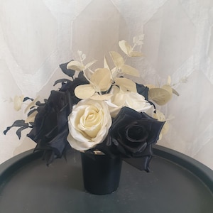 Handmade Artificial Graveside Flower Pot Cemetery or Crem Memorial Pot Faux Floral Arrangement- Black and White Roses and Glitter Eucalyptus