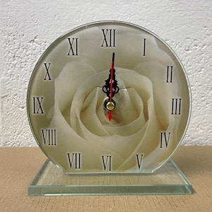 White Rose Bud Floral Petal Print Glass Freestanding Clock. Mantelpiece or Desk Clock 13cm x 13cm. Lovely Gift or Home Accessory