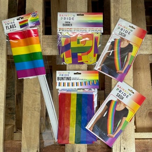Pride Party Pack Rainbow Decorations - 3.6m Durable Bunting, 5 Waving Flags, 2 Sashes, 1.8m Pride Banner. For Parades, Parties, Carnival etc