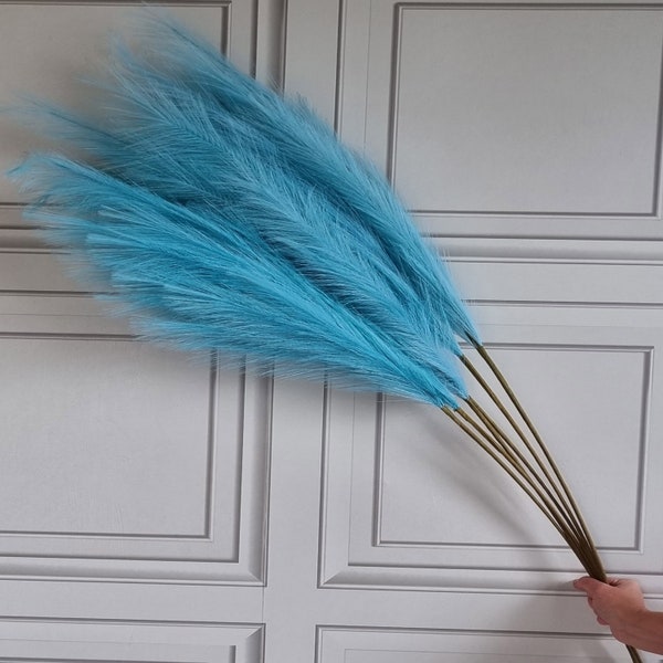 Grande décoration turquoise, fausse herbe de pampa, 1 à 6 tiges, 115 cm de haut, moelleuse, artificielle, fleurs séchées, paon, bleu canard, oeuf de canard, bleu pastel