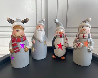 Personajes navideños con luz LED de cerámica: lindo Papá Noel, muñeco de nieve, pingüino y reno. Figuras festivas de 20 cm de altura, adornos que cambian de color