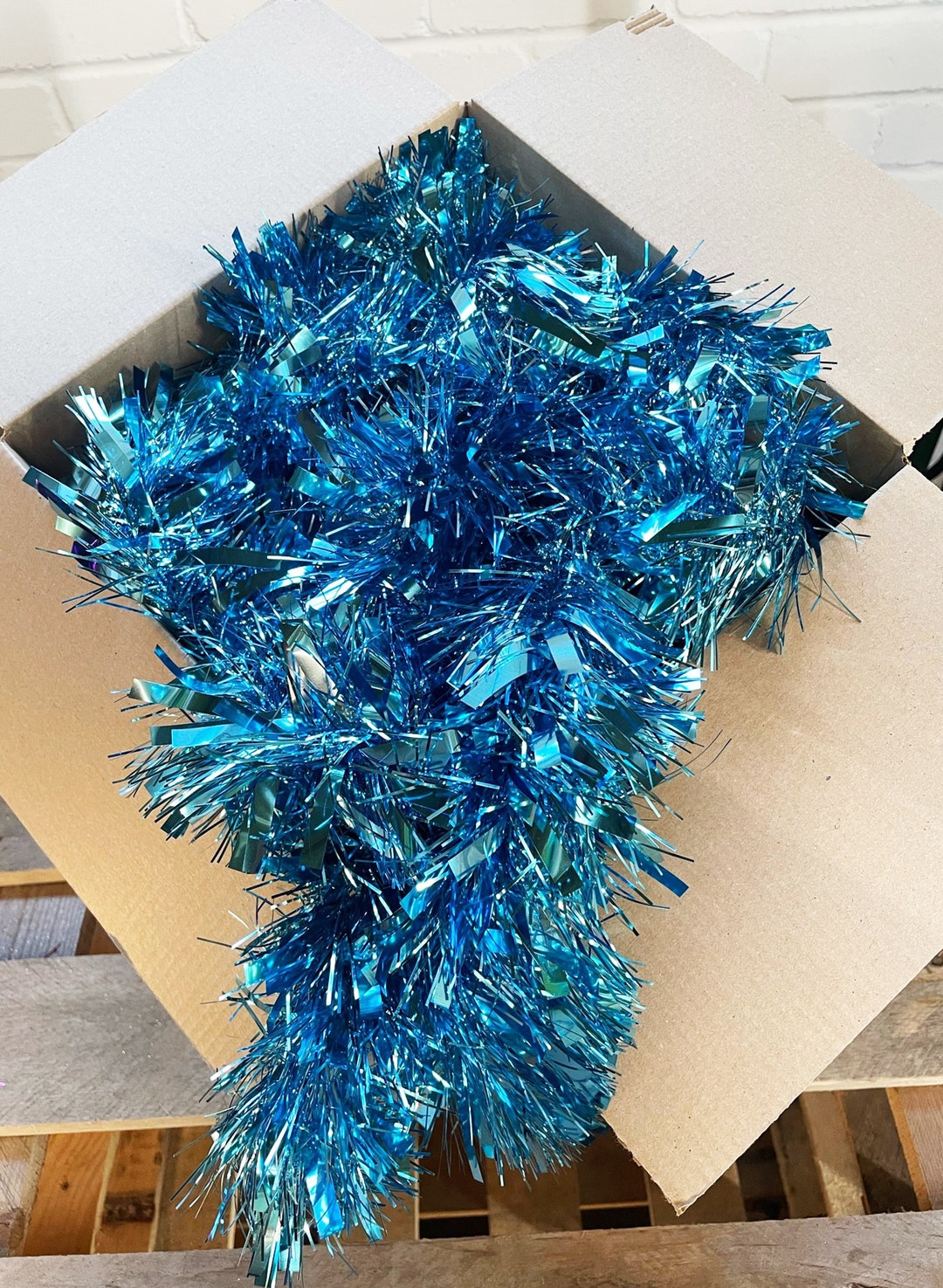 Blue Bright Tinsel Luxury Thick and Thin Tinsel 2 Metre Strand or 10