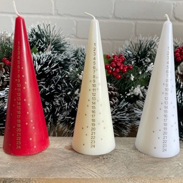 Advent Christmas Countdown Candle, 15cm Cone Shape in Red, Ivory, Or White