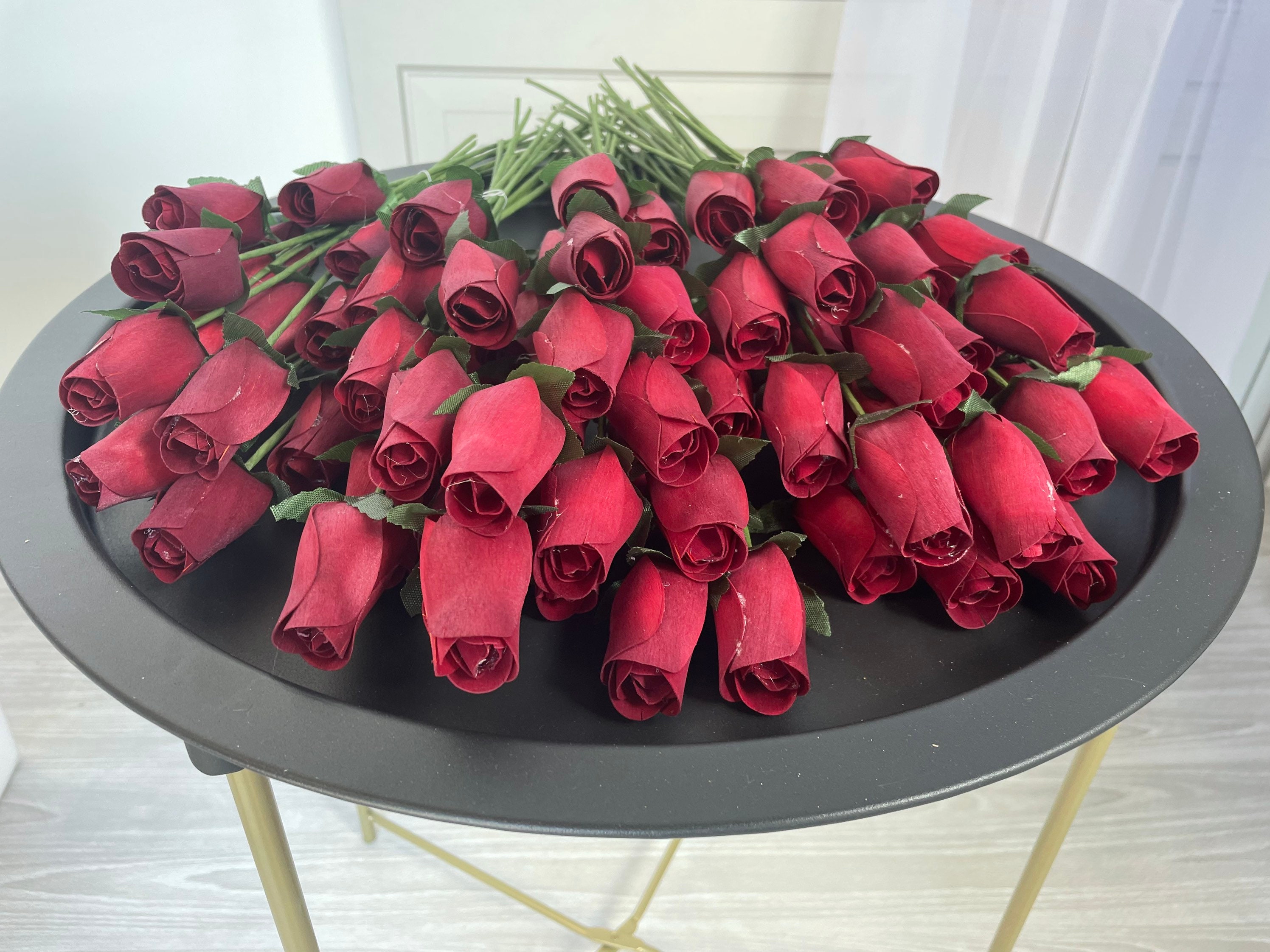 50 X Wooden Roses Single Stem Wooden Rose Buds Many Colours Choose Your ...